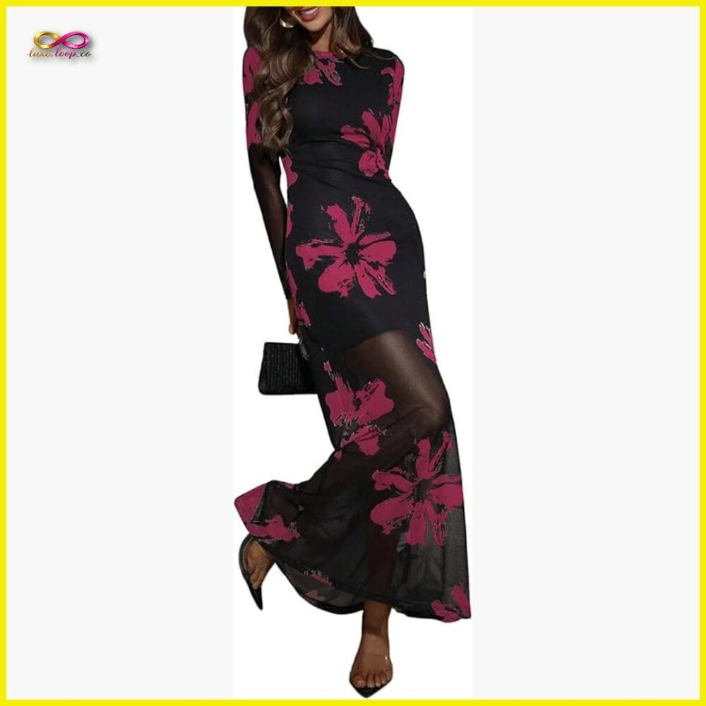 Floral Mesh Maxi Dress Elegant Formal Long Sleeve Wedding Guest Cocktail